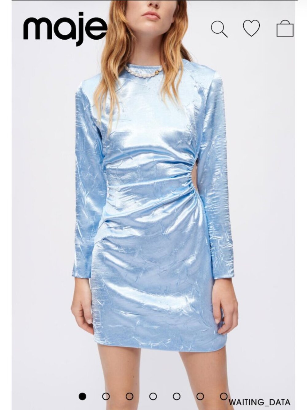 NWT Maje Metallic Blue Satin Ruched Cutout Mini Dress Size 1 / Small